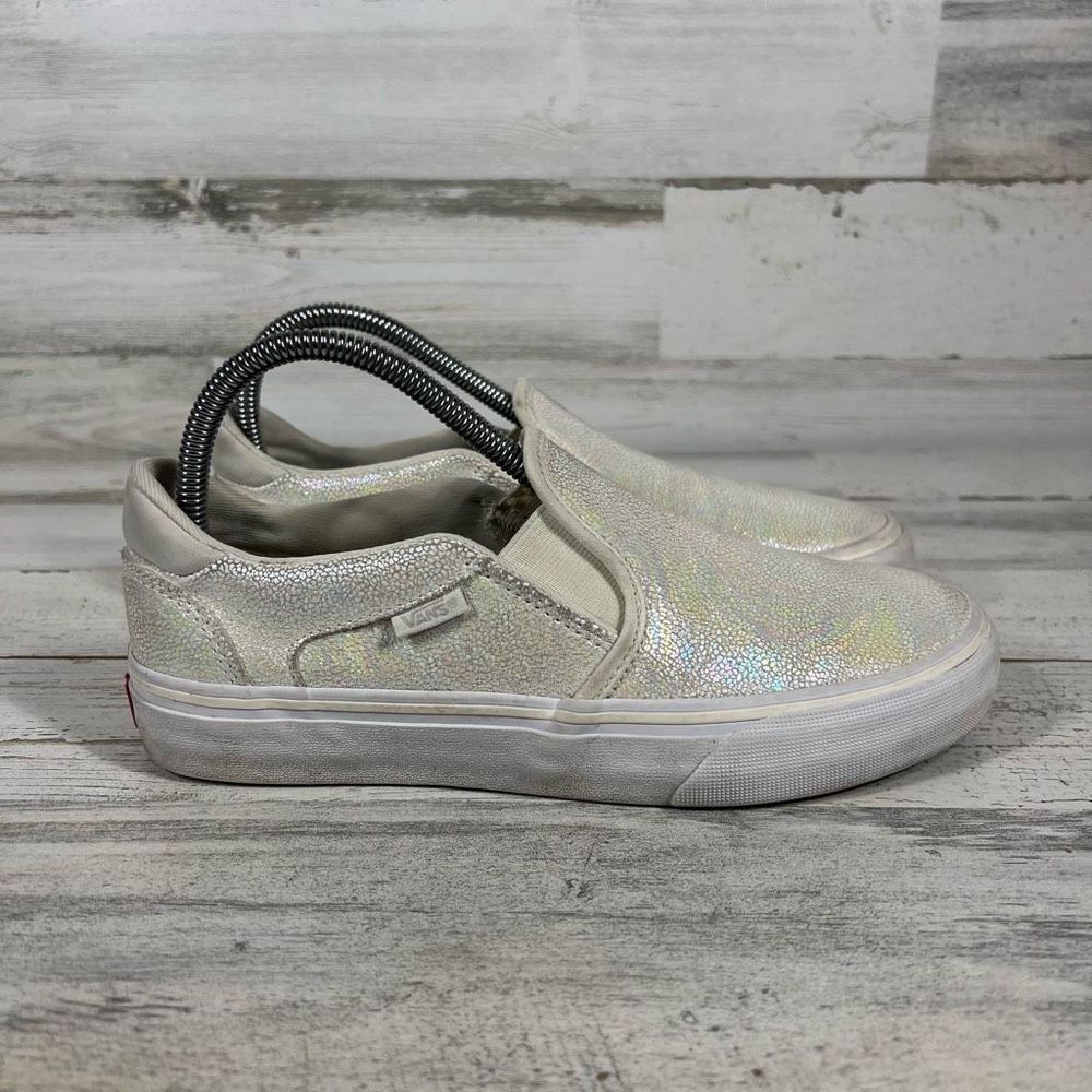 Vans Womens‎ Iridescent Asher Deluxe Comfort Slip-On Flats Shoes White Size 7.5